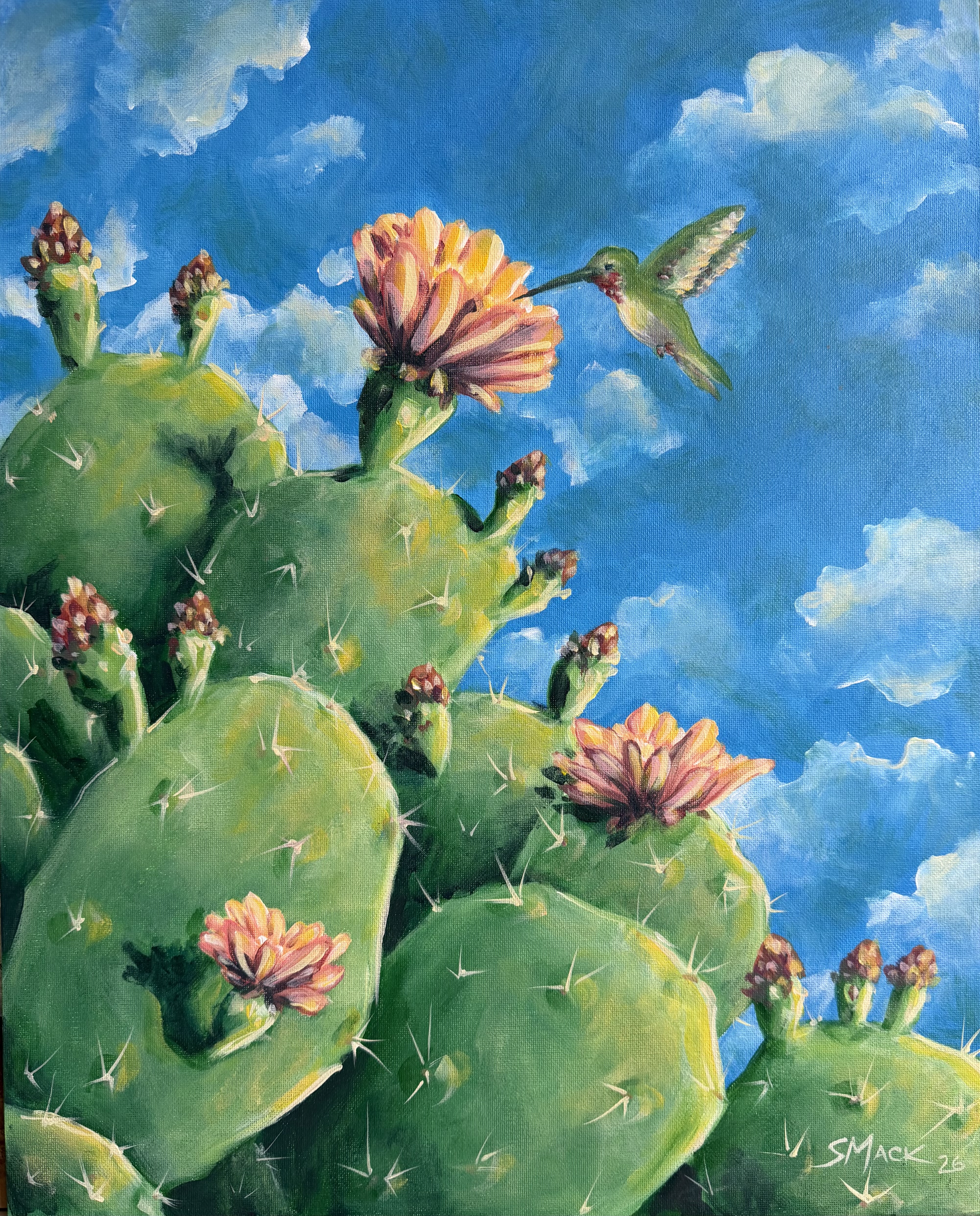 Hill Country Nectar, an original acrylic painting by Sara Mack of a blooming prickly pear cactus and a ruby-throated hummingbird under a blue Texas sky, donated for the Oatmeal Festival art raffle
